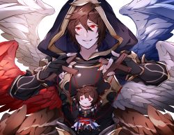 Rule 34 | 1boy, black gloves, black shirt, blue wings, brown hair, brown wings, character doll, commentary request, crazy eyes, crazy smile, feathered wigns, fingerless gloves, gloves, gold trim, granblue fantasy, grey wings, hands up, highres, hizuki miya, hood, hood up, male focus, marionette, multicolored wings, multiple views, puppet, red eyes, red wings, sandalphon (granblue fantasy), shirt, short hair, simple background, smile, string, upper body, white background, white wings, wings