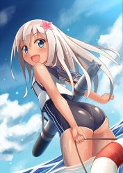 Rule 34 | 10s, 1girl, :d, arms at sides, ass, back, blue eyes, blue sky, blush, cloud, crop top, day, dripping, dutch angle, eyebrows, fang, flower, from behind, from below, hair flower, hair ornament, higejii, highres, holding, kantai collection, lifebuoy, long hair, looking back, ocean, one-piece swimsuit, one-piece tan, open mouth, outdoors, partially submerged, pink flower, ro-500 (kancolle), sailor collar, school swimsuit, silver hair, skindentation, sky, sleeveless, smile, solo, standing, swim ring, swimsuit, swimsuit under clothes, tan, tanline, torpedo, wading, wet