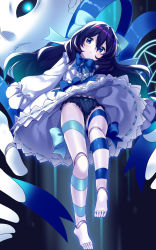 Rule 34 | 1girl, barefoot, black hair, black panties, black sclera, blue eyes, bow, bow panties, colored sclera, commentary request, doll, doll joints, dress, feet, frilled panties, frills, full body, glowing, glowing eyes, gluteal fold, joints, leg ribbon, legs, little witch nobeta, long hair, panties, ribbon, sleeves past wrists, tania (little witch nobeta), thighs, toes, underwear, usume shirou, white dress, wind, wind lift