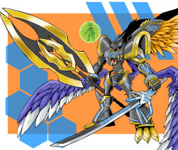 Rule 34 | 1boy, absurdres, alphamon, alphamon ouryuken, armor, artist request, axe, cape, digimon, highres, royal knights, simple background, standing, sword, weapon, wings
