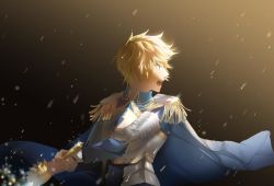 Rule 34 | 1boy, armor, blonde hair, blue cape, blue eyes, cape, epaulettes, holding, holding sword, holding weapon, jinying, looking to the side, male focus, open mouth, quan zhi gao shou, solo, standing, sword, troubling rain, weapon