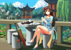 Rule 34 | 1girl, absurdres, alternate hairstyle, architecture, armband, bell, blue footwear, blue sky, blush, breasts, brown hair, chinese clothes, closed mouth, cloud, crossed legs, cup, day, dress, east asian architecture, flower, full body, girls&#039; frontline, gun, hair flower, hair ornament, hair ribbon, hanfu, high heels, highres, holding, holding cup, integral suppressor, integrally-suppressed firearm, jingle bell, large breasts, layered skirt, lolita fashion, long hair, long sleeves, looking at viewer, low-tied long hair, ndtwofives, official alternate costume, oil-paper umbrella, outdoors, pond, pumps, purple eyes, qi lolita, red eyes, ribbon, scenery, see-through, sidelocks, sitting, skirt, sky, smile, solo, submachine gun, suppressor, table, teapot, thighs, twitter username, type 64 (girls&#039; frontline), type 64 (water gown) (girls&#039; frontline), type 64 smg, umbrella, very long hair, weapon, white ribbon, white skirt