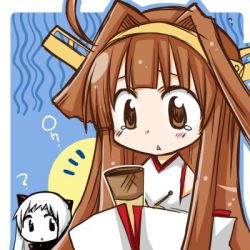 Rule 34 | 10s, 2girls, :&lt;, ?, abyssal ship, ahoge, bare shoulders, brown hair, colored skin, detached sleeves, dress, food, hair ornament, hairband, headgear, holding, holding food, horns, ice cream cone, japanese clothes, kantai collection, kongou (kancolle), long hair, lowres, multiple girls, nontraditional miko, northern ocean princess, pale skin, remodel (kantai collection), sad, simple background, souma mizuki, tears, triangle mouth, upper body, white dress, white hair, white skin