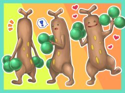 Rule 34 | !, blush, creatures (company), dancing, closed eyes, framed, full body, game freak, gen 2 pokemon, heart, leg up, looking at viewer, multicolored background, nintendo, no humans, open mouth, pokemon, pokemon (creature), sequential, smile, spoken exclamation mark, sudowoodo