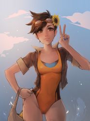 Rule 34 | 1girl, absurdres, artist name, bad id, bad link, bad tumblr id, bag, blue sky, bomber jacket, breasts, brown eyes, brown hair, brown jacket, cloud, collarbone, contrapposto, cowboy shot, day, earrings, flower, freckles, goggles, goggles on head, hair flower, hair ornament, hand on own hip, highres, holding, image sample, jacket, jewelry, leotard, light smile, lips, looking at viewer, making-of available, matilda fiship, medium breasts, nose, orange goggles, orange leotard, outdoors, overwatch, overwatch 1, pink lips, signature, sky, solo, splashing, standing, sunflower, tracer (overwatch), v, water