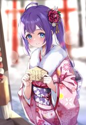 1girl absurdres ahoge blurry blurry_background blush bokeh depth_of_field ema floral_print flower fur-trimmed_kimono fur_trim furisode hair_flower hair_ornament highres idolmaster idolmaster_million_live! japanese_clothes karamomosu kimono looking_at_viewer mochizuki_anna obi pink_kimono ponytail purple_hair sash shrine sidelocks smile solo torii