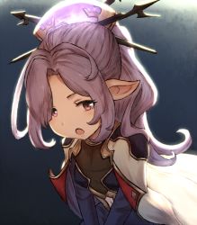 Rule 34 | 10s, 1girl, :o, backlighting, bad id, bad pixiv id, cape, dakunesu, granblue fantasy, hair ornament, hair stick, harvin, long hair, niyon (granblue fantasy), open mouth, pink eyes, pointy ears, ponytail, purple hair, solo