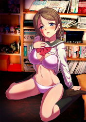 Rule 34 | 1girl, black socks, blouse, blue eyes, blush, bookshelf, bow, bowtie, bra, breasts, brown footwear, brown hair, cleavage, closed mouth, clothes lift, commentary request, full body, half-closed eyes, highres, indoors, kneehighs, lace, lace-trimmed bra, lace trim, lifted by self, loafers, long sleeves, looking at viewer, love live!, love live! sunshine!!, medium hair, navel, no pants, panties, photo background, pink bra, pink panties, red bow, red bowtie, school uniform, serafuku, shirt, shirt lift, shoes, short hair, sitting, skindentation, socks, solo, thighs, tsujizen, underwear, uranohoshi school uniform, wariza, watanabe you, white shirt