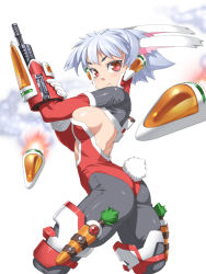 Rule 34 | 1girl, animal ears, arm cannon, back, breasts, cropped legs, extra ears, gun, holster, junketsu duelion, lavi phanfone, missile, official art, original, pantyhose, rabbit ears, rabbit tail, red eyes, robot ears, sideboob, silver hair, simple background, smoke, solo, tail, takoyaki neko-san, thigh holster, weapon, white background