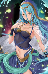 Rule 34 | 1girl, azura (fire emblem), blue hair, blue shirt, blue skirt, circlet, closed mouth, cowboy shot, crop top, dancer, fire emblem, fire emblem fates, fire emblem heroes, floating hair, gold, hand up, haru (nakajou-28), highres, jewelry, long hair, looking at viewer, midriff, navel, necklace, nintendo, official alternate costume, shirt, skirt, smile, solo, veil, very long hair, water drop, wrist cuffs, yellow eyes