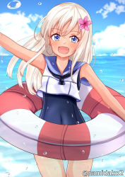 Rule 34 | 1girl, blonde hair, blue eyes, blue sky, cloud, covered navel, cowboy shot, crop top, day, fang, flower, hair flower, hair ornament, horizon, kantai collection, lifebuoy, looking at viewer, namidako, ocean, one-piece swimsuit, one-piece tan, open mouth, outdoors, ro-500 (kancolle), sailor collar, school swimsuit, sky, smile, solo, swim ring, swimsuit, swimsuit under clothes, tan, tanline, waving