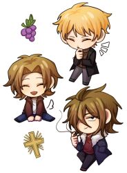 Rule 34 | 3boys, ahoge, atou haruki, black jacket, black pants, blonde hair, blue jacket, brown hair, brown jacket, brown sweater, chibi, chibi only, cigarette, closed eyes, closed mouth, commentary, cross, food, fruit, fur-trimmed jacket, fur trim, grapes, green eyes, hair over one eye, hand in pocket, highres, holding, holding cigarette, isoi reiji, jacket, long sleeves, male focus, multiple boys, open clothes, open jacket, open mouth, pants, parted bangs, red shirt, ribbed sweater, saibou shinkyoku, sanpaku, shinano eiji, shirt, short hair, simple background, sitting, smile, sweater, symbol-only commentary, turtleneck, turtleneck sweater, white background, white shirt, yiyan