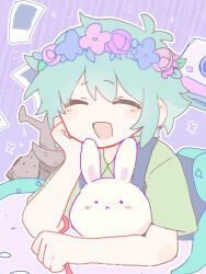 Rule 34 | 1boy, animal, antenna hair, aqua hair, basil (headspace) (omori), basil (omori), blue flower, blue overalls, blush, camera, child, closed eyes, collared shirt, flower, forest bunny (omori), green shirt, hair between eyes, hand on own face, head wreath, highres, leaf, lying, mu2mu2 mu, no nose, omori, on stomach, open mouth, outline, overalls, photo (object), pink flower, pink rose, purple background, rabbit, rose, shirt, short hair, short sleeves, smile, solo, striped background, white outline, white rabbit (animal)
