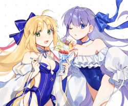Rule 34 | 2girls, :o, ahoge, artoria caster (fate), artoria caster (swimsuit) (fate), artoria caster (swimsuit) (third ascension) (fate), artoria pendragon (fate), bare shoulders, blonde hair, blue choker, blue one-piece swimsuit, blue ribbon, breasts, choker, citrusarjun, cleavage, clothing cutout, collarbone, commentary request, covered navel, facial mark, fate/grand order, fate (series), forehead mark, green eyes, hair ribbon, highleg, highleg swimsuit, highres, long hair, looking at viewer, meltryllis, meltryllis (fate), meltryllis (swimsuit lancer) (fate), meltryllis (swimsuit lancer) (second ascension) (fate), multiple girls, one-piece swimsuit, one eye closed, parted bangs, purple eyes, purple hair, ribbon, simple background, small breasts, smile, swimsuit, very long hair, white background