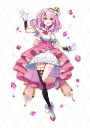 Rule 34 | 1girl, argyle, argyle background, argyle clothes, black thighhighs, blush, bow, breasts, cleavage, commentary, crown, dress, gem, gloves, hair bow, happy, highres, idol, layered dress, leg tattoo, looking at viewer, medium breasts, mini crown, open mouth, original, pink dress, pink hair, red eyes, shinishi chiho, short hair, simple background, single thighhigh, smile, tattoo, thighhighs, waving, white background, white bow, white dress, white footwear, white gloves