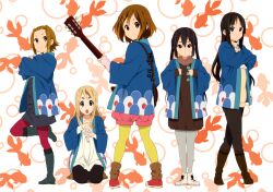 Rule 34 | 5girls, akiyama mio, angry, black eyes, black hair, blonde hair, blue eyes, boots, brown eyes, brown hair, crossed arms, electric guitar, guitar, hair ornament, hairband, happi, highres, hime cut, hirasawa yui, instrument, japanese clothes, k-on!, k-on! movie, kneeling, kotobuki tsumugi, long hair, looking at viewer, looking back, looking to the side, multiple girls, nakano azusa, official art, open mouth, pantyhose, round teeth, scan, shoes, smile, sneakers, standing, standing on one leg, tainaka ritsu, teeth, thick eyebrows