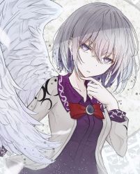 Rule 34 | 1girl, bow, bowtie, collarbone, collared shirt, dress, eyes visible through hair, feathered wings, hand on own face, hegata (hegatia lapis), highres, jacket, kishin sagume, purple dress, purple eyes, shirt, single wing, suit jacket, touhou, upper body, wavy hair, white hair, white jacket, white wings, wings