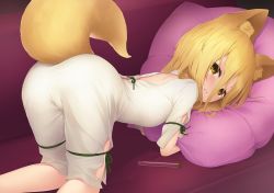 Rule 34 | 1girl, animal ear fluff, animal ears, ass, back, blonde hair, blush, breasts, couch, cushion, fox ears, fox girl, fox tail, full body, hair between eyes, highres, jumpsuit, kanpa (campagne 9), kudamaki tsukasa, legs, looking at viewer, short sleeves, small breasts, solo, tail, test tube, touhou, white jumpsuit, yellow eyes