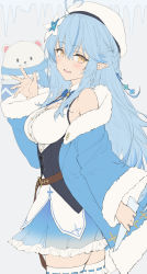 Rule 34 | 1girl, :d, ahoge, blouse, blue hair, braid, breasts, cleavage, corset, from side, fur trim, hair between eyes, half updo, haoni, hat, heart, heart ahoge, hololive, icicle, jacket, large breasts, long hair, looking at viewer, open clothes, open jacket, open mouth, pointy ears, ribbon-trimmed legwear, ribbon trim, see-through, shirt, side braid, sidelocks, sketch, skirt, sleeveless, sleeveless shirt, smile, solo, thighhighs, unfinished, virtual youtuber, yellow eyes, yukihana lamy, zettai ryouiki