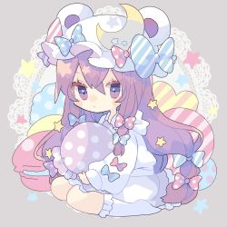 Rule 34 | 1girl, adapted costume, animal ears, blue bow, blush, bobby socks, bow, chibi, commentary, crescent, crescent pin, doily, fake animal ears, food, full body, grey background, hair bow, hat, hat bow, heart, holding, long hair, long sleeves, macaron, mob cap, nikorashi-ka, patchouli knowledge, polka dot, polka dot bow, purple eyes, purple hair, red bow, shirt, simple background, sitting, skirt, socks, solo, star (symbol), striped, striped bow, touhou, very long hair