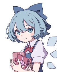 Rule 34 | 1girl, blue dress, blue eyes, blue hair, box, cirno, collared shirt, dress, flat chest, gift, gift box, highres, holding, ice, ice wings, kame (kamepan44231), neck ribbon, one-hour drawing challenge, pinafore dress, puffy short sleeves, puffy sleeves, red ribbon, ribbon, shirt, short hair, short sleeves, simple background, sleeveless, sleeveless dress, solo, touhou, white background, white shirt, wings
