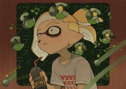 Rule 34 | absurdres, bags under eyes, blonde hair, can, commentary request, drinking straw, fish stick (splatoon), highres, holding, holding can, inkling, inkling boy, inkling player character, iwamushi, male focus, musical note, nintendo, ponytail, ptsd, salmon run (splatoon), salmonid, shirt, short sleeves, smallfry (splatoon), splatoon (series), splatoon 3, t-shirt, tentacle hair, upper body, white shirt