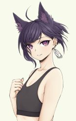 Rule 34 | 1boy, ahoge, androgynous, animal ear fluff, animal ears, aqua nails, bare shoulders, black hair, cat ears, collarbone, cross, ear piercing, earrings, eyelashes, eyeshadow, hand up, highres, jewelry, looking at viewer, makeup, multicolored nails, nail polish, original, other focus, parted lips, pas&#039; black-haired catperson, pas (paxiti), piercing, pink nails, purple eyes, sanpaku, short hair, simple background, smile, solo, sports bra, trap, upper body, yellow background