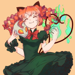 Rule 34 | 1girl, adapted costume, airrabbityan, alternate costume, animal ears, braid, cat ears, cat tail, dress, closed eyes, frilled dress, frills, green dress, hair ribbon, heart, heart tail, highres, kaenbyou rin, long hair, multiple tails, orange background, puffy sleeves, red hair, ribbon, short sleeves, simple background, skull, smile, solo, tail, touhou, tress ribbon, twin braids, upper body, wrist cuffs