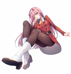 Rule 34 | 1girl, black pantyhose, boots, breasts, candy, darling in the franxx, dress, floating hair, food, full body, green eyes, hairband, highres, holding, holding candy, holding food, holding lollipop, horns, lollipop, long hair, long sleeves, looking at viewer, medium breasts, military, military uniform, necktie, panties, panties under pantyhose, pantyhose, pink hair, red dress, shiny clothes, shiny legwear, short necktie, simple background, solo, tobidayooon, underwear, uniform, very long hair, white background, white footwear, white hairband, yellow necktie, zero two (darling in the franxx)