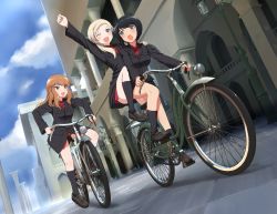 Rule 34 | 3girls, :d, ;d, bicycle, black hair, blonde hair, blush, brown eyes, brown hair, building, collared shirt, fernandia malvezzi, grey eyes, kaneko (novram58), loafers, long hair, looking at another, luciana mazzei, martina crespi, military, military uniform, multiple girls, multiple riders, one eye closed, open mouth, panties, ponytail, purple eyes, red panties, revision, riding, shirt, shoes, short hair, smile, strike witches, strike witches: kurenai no majo-tachi, sweatdrop, underwear, uniform, world witches series