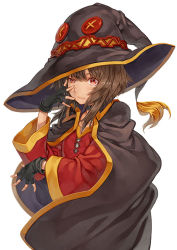 Rule 34 | 10s, 1girl, :3, black cape, black gloves, black hat, brown hair, button eyes, buttons, cape, closed mouth, collar, collarbone, cross-laced footwear, dress, fingerless gloves, fingernails, flat chest, gloves, hagure keg, hair between eyes, hand on own face, hat, kono subarashii sekai ni shukufuku wo!, long sleeves, looking at viewer, megumin, red dress, red eyes, short hair, simple background, smile, solo, spread fingers, uneven eyes, upper body, white background, wide sleeves, witch hat