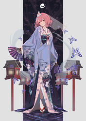 Rule 34 | 1girl, absurdres, blue kimono, bug, butterfly, floral print, folding fan, full body, grey background, hair between eyes, hand fan, highres, hitodama, holding, holding fan, insect, japanese clothes, kimono, lantern, lips, long sleeves, looking at viewer, obi, parted lips, pink eyes, pink hair, ripples, saigyouji yuyuko, sandals, sash, short hair, socks, solo, standing, tabi, touhou, triangular headpiece, veil, white socks, wide sleeves, xtears kitsune