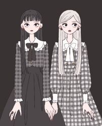 Rule 34 | 2girls, absurdres, black background, black bow, black eyes, black hair, black nails, black shirt, black skirt, black sleeves, blunt bangs, bow, bowtie, buttons, collar, collared shirt, cowboy shot, dress, earrings, eyeshadow, frilled shirt collar, frilled sleeves, frills, grey dress, grey sleeves, high-waist skirt, highres, holding hands, jewelry, lipstick, long hair, long sleeves, looking at viewer, looking to the side, makeup, multiple girls, nail polish, original, parted lips, pink eyeshadow, plaid, plaid gloves, plaid shirt, plaid sleeves, purple lips, red nails, rikuwo, ring, shirt, simple background, single sidelock, skirt, straight-on, straight hair, white bow, white bowtie, white collar, white hair