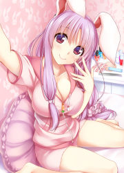 Rule 34 | 1girl, alternate costume, animal ears, animal print, bad id, bad pixiv id, bare legs, barefoot, breasts, cleavage, closed mouth, commentary request, contemporary, drawstring, fingernails, hair ornament, hair scrunchie, head tilt, hisae (hisae collect), indoors, large breasts, long hair, looking at viewer, low-tied long hair, makeup, nail art, nail polish, on bed, pajamas, pillow, pink hair, pink scrunchie, rabbit ears, rabbit print, reaching, reaching towards viewer, red eyes, reisen udongein inaba, scrunchie, selfie, sitting, smile, solo, touhou, very long hair, wallpaper (object)