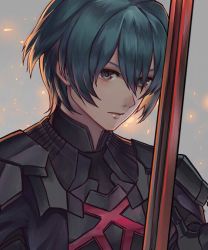 Rule 34 | 1boy, blue hair, brown eyes, byleth (fire emblem), byleth (male) (fire emblem), fire emblem, fire emblem: three houses, grey background, hair between eyes, holding, holding sword, holding weapon, kaejunni, male focus, nintendo, short hair, simple background, solo, sword, upper body, weapon