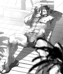 Rule 34 | 1boy, abs, arm hair, armpit hair, armpits, arms behind head, bara, beard, body hair, bulge, chest hair, facial hair, foot out of frame, graves (league of legends), greyscale, hair slicked back, hairy, hands up, headphones, karipaku, large pectorals, league of legends, leg hair, lying, male focus, male swimwear, mature male, monochrome, muscular, muscular male, mustache, navel, navel hair, nipples, official alternate costume, on back, pectorals, poolside, removing eyewear, sandals, short hair, solo, sparkling sweat, spread legs, stomach, sunglasses, sunlight, swim trunks, thick eyebrows, thick thighs, thighs, topless male, wet