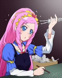 Rule 34 | 1girl, blue eyes, blush, box, carving, cure sword, dokidoki! precure, eyelashes, figure, heart, hobby knife, long hair, marie ange, pink hair, precure, solo, thighhighs, tj-type1, upskirt