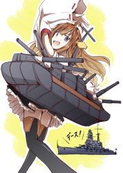Rule 34 | 10s, 1girl, blue eyes, boots, brown hair, detached sleeves, hairband, japanese clothes, kantai collection, kongou (battleship), kongou (kancolle), long hair, looking at viewer, nontraditional miko, pantyhose, personification, pleated skirt, skirt, smile, solo, thigh boots, thighhighs, translated, tri, zettai ryouiki