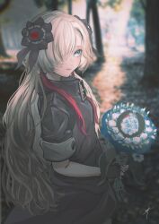 Rule 34 | 1girl, 728kasyo, asymmetrical sleeves, black coat, black flower, blue eyes, bouquet, coat, fingerless gloves, flower, gloves, grey hair, hair flower, hair ornament, holding, holding bouquet, isekai joucho, kamitsubaki studio, light smile, long hair, looking at viewer, multicolored hair, outdoors, parted lips, photo background, red hair, solo, tree, two-tone hair, uneven sleeves, upper body, virtual youtuber