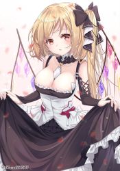 Rule 34 | 1girl, alternate breast size, artist name, azur lane, bare shoulders, between breasts, black bow, black dress, black nails, blonde hair, blush, bow, breasts, cleavage, collarbone, commentary request, cosplay, cowboy shot, crystal, dress, flandre scarlet, formidable (azur lane), formidable (azur lane) (cosplay), frills, gradient background, hair bow, haruki (colorful macaron), highres, large breasts, long hair, long sleeves, looking at viewer, nail polish, one side up, parted lips, petals, pink background, red eyes, skirt hold, solo, standing, touhou, twitter username, white background, wings