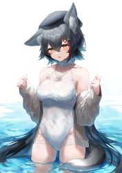 Rule 34 | 1girl, absurdres, adapted costume, animal ears, beret, black hat, breasts, commentary request, hair between eyes, hair ornament, hat, highres, hololive, jewelry, kabedoru, long hair, looking at viewer, medium breasts, multicolored hair, necklace, one-piece swimsuit, ookami mio, ookami mio (street), partially submerged, red hair, simple background, solo, streaked hair, swimsuit, tail, thighs, very long hair, virtual youtuber, water, wet, wet clothes, white background, white one-piece swimsuit, wolf ears, wolf girl, wolf tail, x hair ornament, yellow eyes
