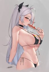 Rule 34 | 1girl, ahoge, azur lane, bikini, black bikini, black choker, black ribbon, breasts, choker, covered erect nipples, cropped arms, cropped legs, dango, food, from side, grey background, grey hair, hair ri, highres, holding, holding food, holding skewer, large breasts, long hair, looking at viewer, micro bikini, mole, mole on breast, multicolored hair, navel, orange eyes, prinz eugen (azur lane), prinz eugen (unfading smile) (azur lane), red hair, ribbon, saliva, saliva trail, sexually suggestive, signature, simple background, skewer, solo, stomach, strap gap, streaked hair, string bikini, sweat, swimsuit, takoyaki, tongue, tongue out, two side up, wagashi, white hair, whitter