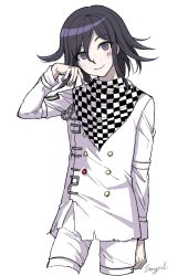 Rule 34 | 1boy, absurdres, arm at side, black hair, buttons, checkered clothes, checkered scarf, commentary request, cowboy shot, cropped legs, danganronpa (series), danganronpa v3: killing harmony, double-breasted, grey background, hand up, highres, jacket, long sleeves, looking at viewer, male focus, medium hair, multicolored hair, oma kokichi, pants, purple eyes, purple hair, scarf, simple background, smile, solo, songmil, straitjacket, white background, white jacket, white pants