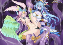 Rule 34 | 2girls, animal ears, bian qunqing, bird ears, bird legs, black panties, blue hair, blush, bracelet, breasts, carol (clover theater), chinese commentary, cleavage, closed eyes, clover theater, colored skin, commentary request, consensual tentacles, feathers, gradient hair, green feathers, green wings, hair ornament, harpy, headdress, highres, imola (clover theater), jewelry, large breasts, lifting person, long hair, monster girl, multicolored hair, multiple girls, navel, nipple stimulation, nipple tweak, nipples, open mouth, panties, pink hair, pointy ears, purple eyes, purple skin, scylla, short hair, slime (substance), small breasts, talons, tentacles, underwear, winged arms, wings