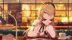 Rule 34 | 1girl, black hairband, cake, cake slice, cup, flower, food, frilled sleeves, frills, hair over one eye, hairband, hand on own cheek, hand on own face, highres, honkai (series), honkai impact 3rd, light brown hair, long hair, long sleeves, looking at viewer, mole, mole under eye, official art, official wallpaper, red eyes, red flower, red rose, rita rossweisse, rita rossweisse (fallen rosemary), rose, smile