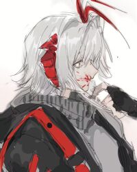 Rule 34 | 1girl, antennae, arknights, black gloves, blood, blood on face, commentary, fingerless gloves, gloves, grey scarf, highres, scarf, short hair, simple background, siy (shengxiu760722), solo, upper body, w (arknights), white background, white hair, yellow eyes