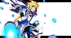 Rule 34 | 1boy, armor, bad id, bad pixiv id, blonde hair, blue eyes, boots, cartridge, chung seiker, elsword, fuyugasumi, gauntlets, gloves, hair flaps, highres, letterboxed, long hair, male focus, pants, shelling guardian (elsword), solo, white background