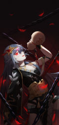 Rule 34 | 1girl, :d, absurdres, asymmetrical sleeves, black gloves, black hair, blurry, blurry background, blurry foreground, chain, chinese clothes, feathers, fingerless gloves, fu hua, fu hua (herrscher of sentience), gloves, gourd, hair between eyes, hair ornament, highres, holding, honkai (series), honkai impact 3rd, lingo (akitovo), long hair, looking at viewer, looking to the side, open mouth, red eyes, smile, uneven sleeves