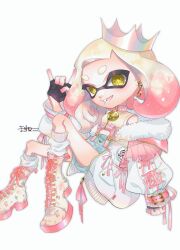 Rule 34 | 1girl, \m/, absurdres, alternate costume, boots, commentary, cross-laced footwear, crown, earrings, end (7 d w), floral print, fur-trimmed jacket, fur trim, glint, gradient hair, highres, inkling, jacket, jewelry, looking at viewer, medium hair, multicolored hair, nintendo, open clothes, open jacket, open mouth, pearl (splatoon), pink hair, simple background, smile, solo, splatoon (series), splatoon 3, star-shaped pupils, star (symbol), symbol-shaped pupils, teeth, tentacle hair, thick eyebrows, two-tone hair, white background, white footwear, white hair, white jacket, yellow eyes, yellow pupils