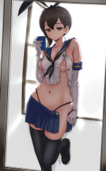 Rule 34 | 1girl, black panties, black thighhighs, breasts, brown eyes, brown hair, cellphone, cosplay, elbow gloves, gloves, hairband, highres, holding, inverted nipples, kaga (kancolle), kantai collection, large breasts, mirror, navel, nipples, panties, parted lips, phone, rasukaru, reflection, selfie, shimakaze (kancolle), shimakaze (kancolle) (cosplay), short hair, side ponytail, skirt, solo, thighhighs, thong, unbuttoned, underwear, white gloves, window